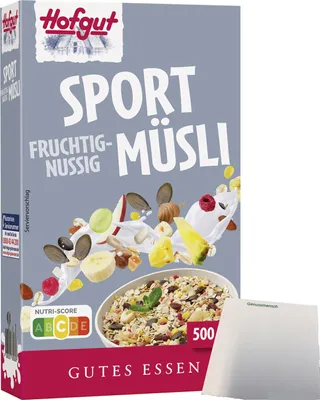Produktbild von Hofgut Müsli Sport (500g Packung) + usy Block