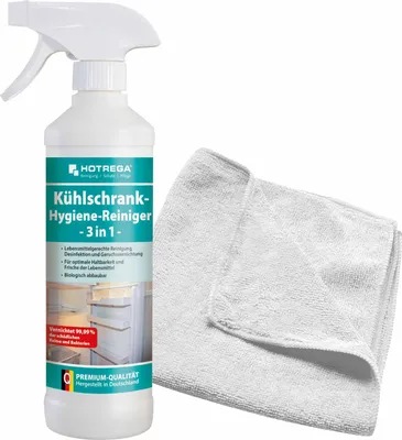 Produktbild von HOTREGA Kühlschrank Hygiene Reiniger 3in1 500 ml SET + Microfasertuch 40 x 40 cm
