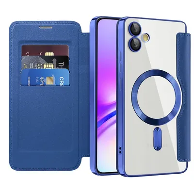 Image de Etui pour Samsung Galaxy A05 compatible avec MagSafe, étui transparent avec porte-cartes, étui en cuir avec protection de l'appareil photo bleu
