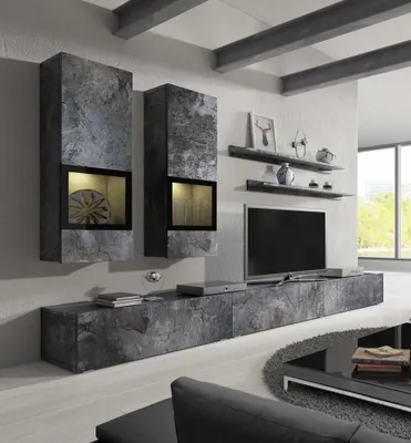 A modern living room with a wall-mounted entertainment unit and fireplace.