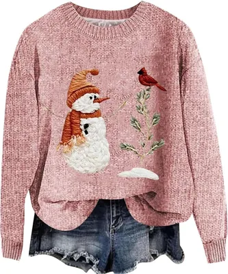 Produktbild von ASKSA Damen Lustige Weihnachtspullover Strickpullover Winter Rundhals Pulli Christmas Sweater Langarm Oberteile Warm Weihnachtspulli,A-Rosa,S