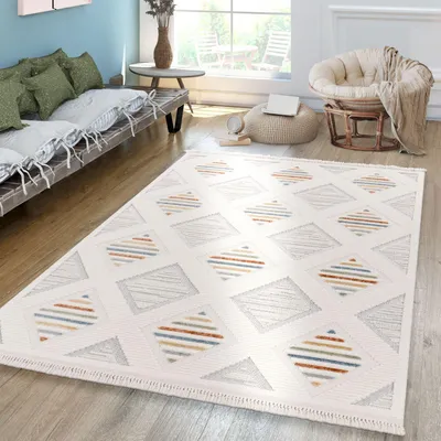 Produktbild von TT Home Wohnzimmer Teppich Kurzflor Geometrisches Design Fransen Modern Boho Design Größe 80x150 cm