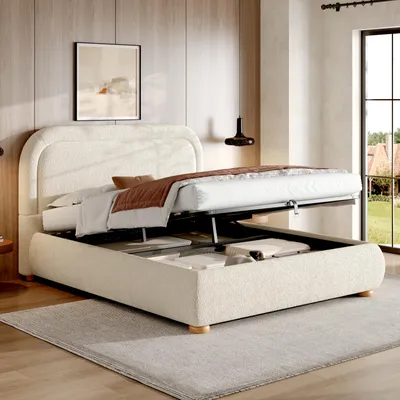 Produktbild von Flieks Hydraulisches Polsterbett 140x200cm mit Stauraum, Jugendbett Doppelbett mit Lattenrost, Stauraumbett Holzbett mit Bouclé-Bezug, Beige