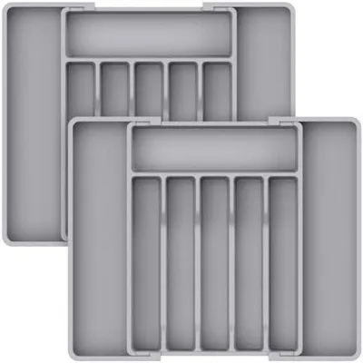 Image de Range-couverts compact, tiroir coulissant, réglable, gris, lot de 2, en plastique