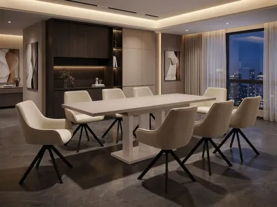 Produktbild von ENDO-Möbel Essgruppe "Appia White" - Esstisch ausziehbar 130-210cm in Kaschmir Beige für 8 Personen mit Stühlen in Samt-Cremeweiss