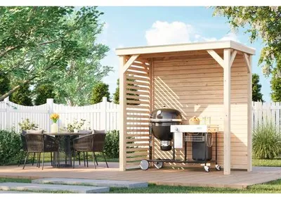 Produktbild von Pavillon Karibu Outdoorkitchen Gr. S inkl. Lamellenseitenwand, geschlossene Rückwand 231 x 124,5 cm natur
