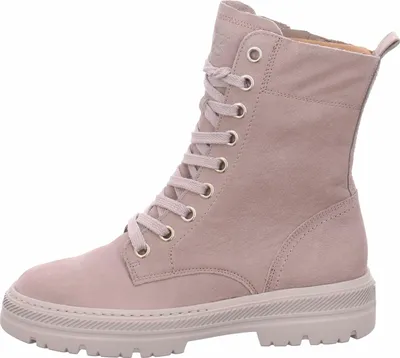 A side view of a gray lace-up boot.