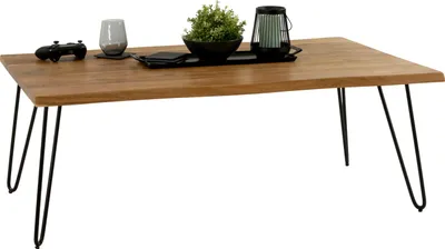 Produktbild von Couchtisch Baumkante massiv Akazie natur 120 x 80 Hairpin-Gestell schwarz NOAH