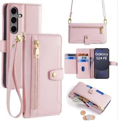 Produktbild von Handykette für Samsung Galaxy S24 FE Hülle mit Band Handyhülle Kartenfächer Kunstleder Umhängetasche in Rosa