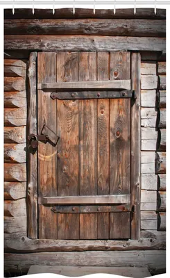 Image de ABAKUHAUS Rideau de douche étroit rustique, porte en bois rustique, ensemble de décoration de salle de bain en tissu avec crochets, 120 x 180 cm, marron