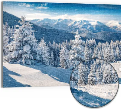 Produktbild von DEQORI Hybrid Leinwand Bild 90x60 cm 'Karpatenwinter' Wandbild Glas flach modern