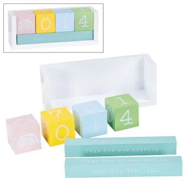 Produktbild von Würfel Countdown Kalender Holz Bunt Pastell Holzkalender Tischkalender Themenleiste Tageszähler Geburtstag Schulanfang Ferien