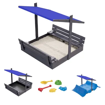 Produktbild von QLS Holz-Sandkasten 120 cm mit Sitzbank und grauem Dach Abdeckung imprägniert 11291