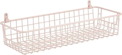 A pink wire basket mounted on a white background.