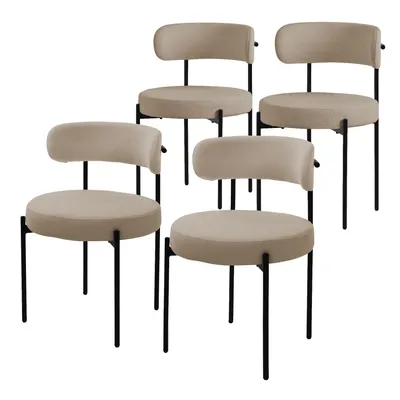 Four beige chairs with black metal legs are arranged in a staggered formation against a white background.