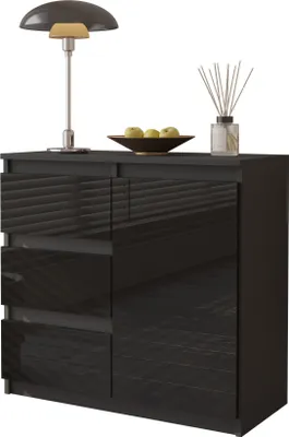 A black gloss sideboard with three drawers and one door, displayed on a white background. A lamp, a bowl of apples, and a diffuser are placed on top.