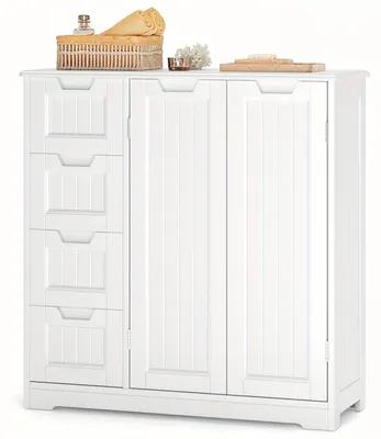 Image de Armoire de salle de bain - Meuble de salle de bain - Armoire de rangement - Armoire colonne - Meuble sous vasque - Bois blanc - 2 portes, 4 tiroirs