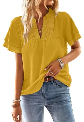 Image de TUUHAW - Tunique pour femmes, grande taille, style bohème, blouse d'été, top à manches courtes, couleur jaune, taille XXL