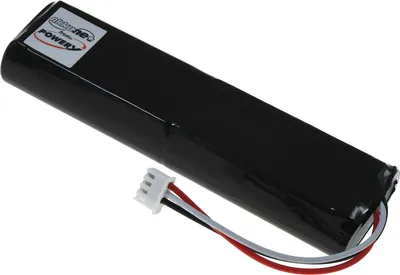 A black battery pack with a white label and a white connector with red, black, and white wires.