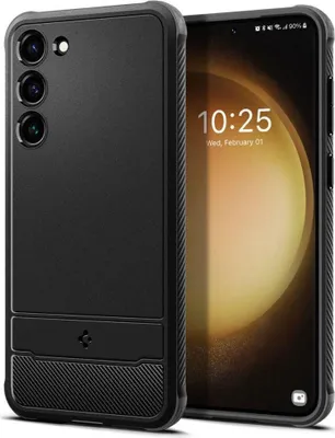 A black phone case is shown next to a smartphone displaying the time and date.