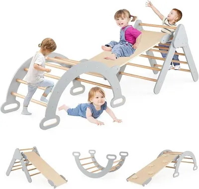 Imagen del producto de Triángulo de escalada Montessori con barra de escalada y tobogán, triángulo de madera para bebés a partir de 1 año, juguete de escalada, estructura de escalada y tobogán para interiores (gris, sin cojines)