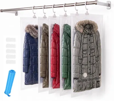 Produktbild von Hängende Vakuumbeutel für Kleidung mit Pumpe – Set mit 5 Stück – 110 x 70 cm