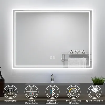 Produktbild von AICA LED Badspiegel 80x60cm Touch/Wandschalter Bluetooth Beschlagfrei Badezimmerspiegel 3 Lichtfarbe Dimmbar Memory-Funktion