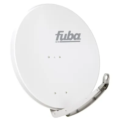 A white satellite dish with the Fuba logo is shown against a white background.