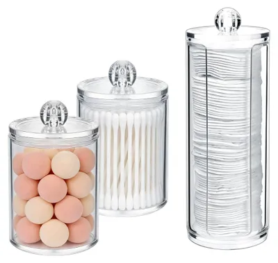 Produktbild von Set mit 3 Aufbewahrungsboxen für Kosmetik aus transparentem Kunststoff, inklusive Wattepadspender und Wattestäbchenbehälter mit Deckel, staubfreier Organizer für Bad, Schlafzimmer und Schminktisch