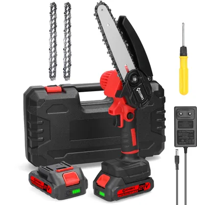 Produktbild von Mini Kettensäge, 6 Zoll 21V Elektro-Kettensäge mit 2x Batterie 2x Kette 1x Führungsplatte 1x Ladegerät und  1x Aufbewahrungsbox, Tragbare Handgeführte Akku Kettensäge