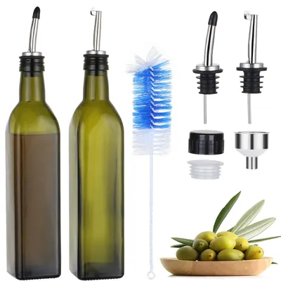 Productafbeelding van Olijfoliefles, 500 ml, set van 2 donkerglazen flessen, olie- en azijnfles met druppelvrije tuit, trechter en reinigingsborstel