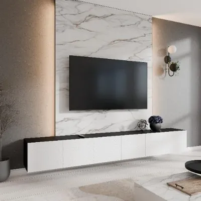 Image de Margaret Hadas24 Meuble TV Nicole Meuble TV Meuble TV bas 300 cm Suspendu Design moderne Salon Fixation murale, Meuble TV noir, blanc