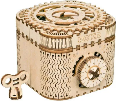 Zdjęcie produktu dla ROKR Mechaniczna drewniana układanka 3D wycinana laserowo projekt budowy skrzyni skarbów