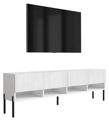Zdjęcie produktu dla Szafka pod telewizor z żłobkowanymi frontami, matowa biel, proste czarne nóżki, 170 × 32 × 52 cm