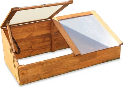 Produktbild von Frühbeet aus braunem Holz, L 116 x T 54 x H 42/19 cm, wetterfest, 2-teiliger Deckel mit bruchsicherem Kunststoff