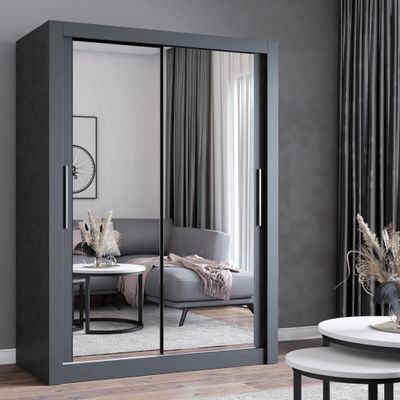 Schwebetürenschrank Kleiderschrank Schrank 180cm Grau/Grau mit zwei Spiegeln MILAN