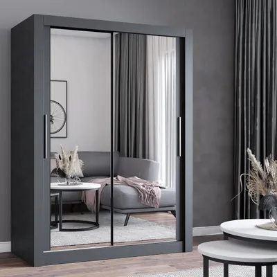 Produktbild von Schwebetürenschrank Kleiderschrank Schrank 180cm Grau/Grau mit zwei Spiegeln MILAN