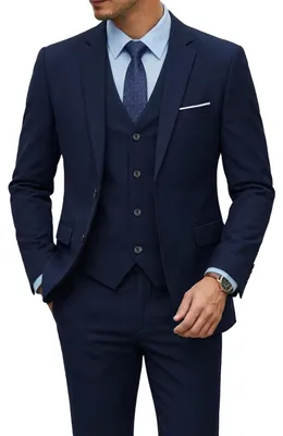 Produktbild von YND Herren-Anzug-Set, schmale Passform, 2 Knöpfe, 3-teilig, einfarbig, Blazer, J