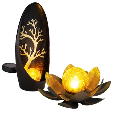 Produktbild von 2er LED Solarleuchten, Baum, Lotusblüte, Akku, Crackleglas