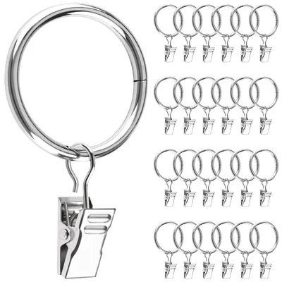 Produktbild von 25 Metall-Gardinenringe mit Clips, 32 mm Innendurchmesser, für Gardinenstangen, Fenster, Türen, Duschvorhänge und Wäscheleinen (silber)