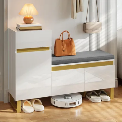 Produktbild von Merax Schuhschrank mit Sitzbank, Großer Schuhregal für Eingangsbereich, Mehrstöckiger Flur Organizer mit Schublade und Türen, Eingangsschrank Weiß