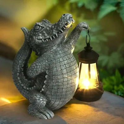 Produktbild von Solar Gartenfigur Krokodil mit Laterne Resin 23,5×14,5×25,5cm LED Solarbeleuchtung Deko Außen Terrasse Garten