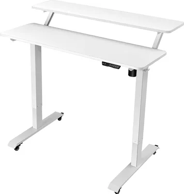 A white adjustable standing desk with two tiers and wheels, shown against a white background.