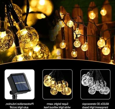 Image de Décoration de Noël d'extérieur : guirlande lumineuse à énergie solaire, 60 LED, boules en cristal, 138 m, 8 modes, étanche, lumière blanche chaude