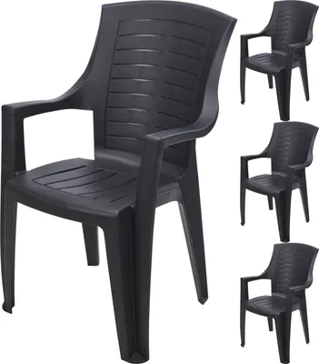 Multiple black plastic chairs arranged on a white background.