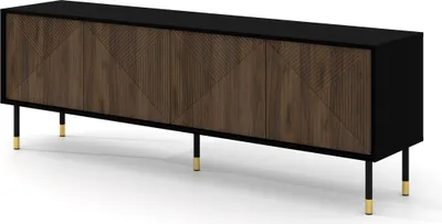 Zdjęcie produktu dla Szafka RTV WOODY IV 4D 180 cm CZARNY MAT / DĄB CATANIA frezowane fronty MDF niska płyta na nóżkach kredens komoda stolik hi-fi stolik pod telewizor