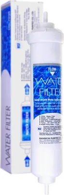 A water filter and its packaging are shown against a white background.