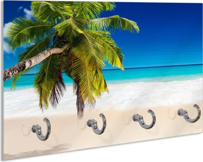Produktbild von Wallario Schlüsselbrett aus Glas, Motiv: Südseestrand in der Karibik mit Palme, 30 x 20 cm mit 4 Haken