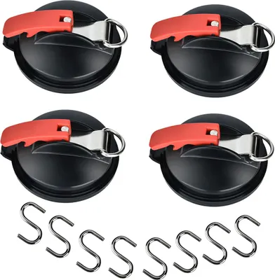 Produktbild von 4 Saugnapfhaken, Starke Camping Saugnapfhaken, Multifunktionale Saugnäpfe mit 8 S-förmigen Haken zur Befestigung von Markisen, Zelten, Wohnmobilen