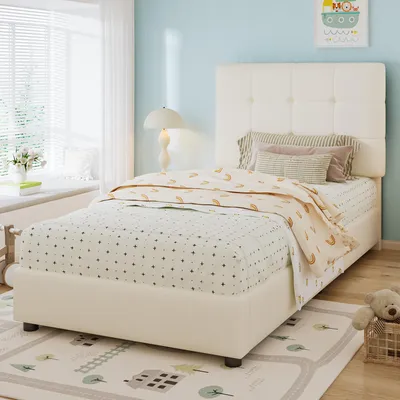 Produktbild von Flieks Polsterbett Kinderbett 90x200cm mit gepolstertem Kopfteil, Jugendbett Einzelbett mit Lattenrost, Klassisches Holzbett PU, Beige